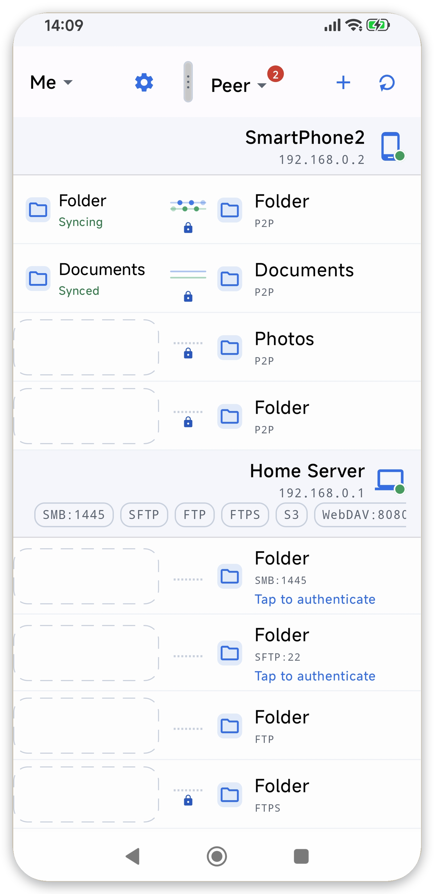 Main screen: list of sync links